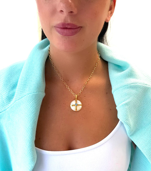 Mother of Pearl and Blue Topaz Cross Necklace