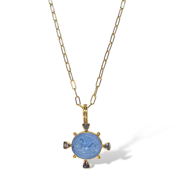 Cupid Riding Dolphin Necklace in Iolite