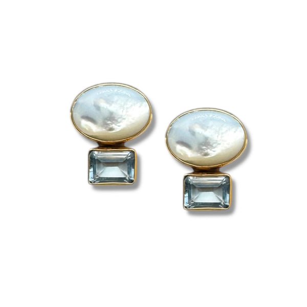 Mother of Pearl and Blue Topaz Stud Earrings