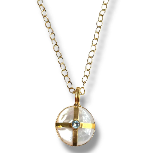 Mother of Pearl and Blue Topaz Cross Necklace
