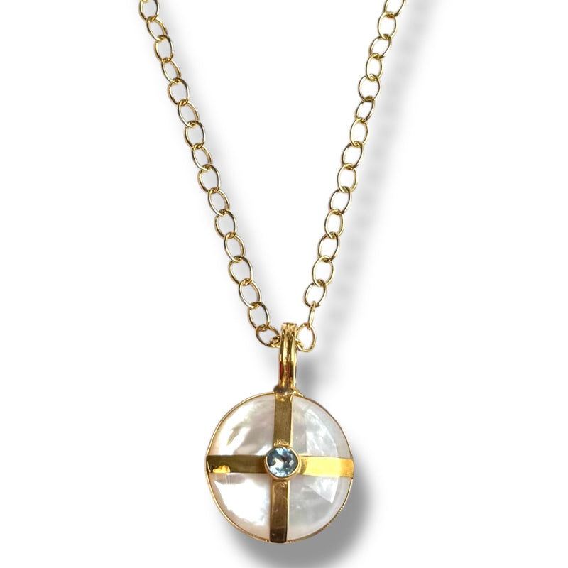 Mother of Pearl and Blue Topaz Cross Necklace