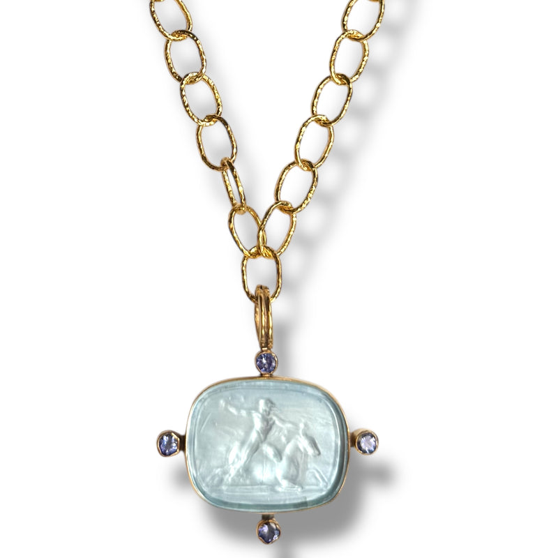 Sky Blue Mithra and Tanzanite Intaglio Necklace