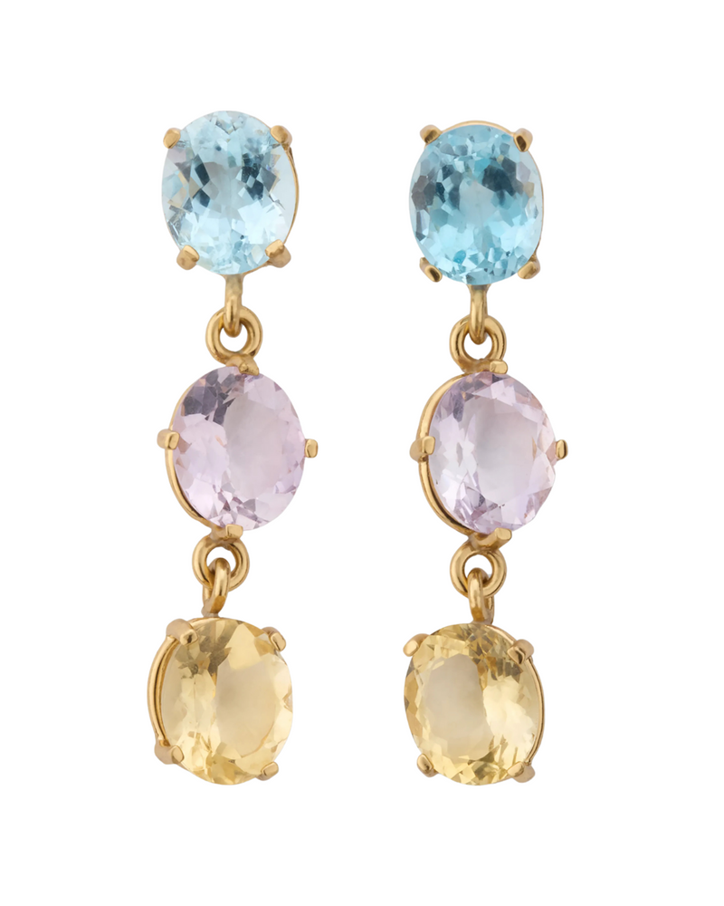 Blue Topaz, Amethyst, + Citrine Triple Earring