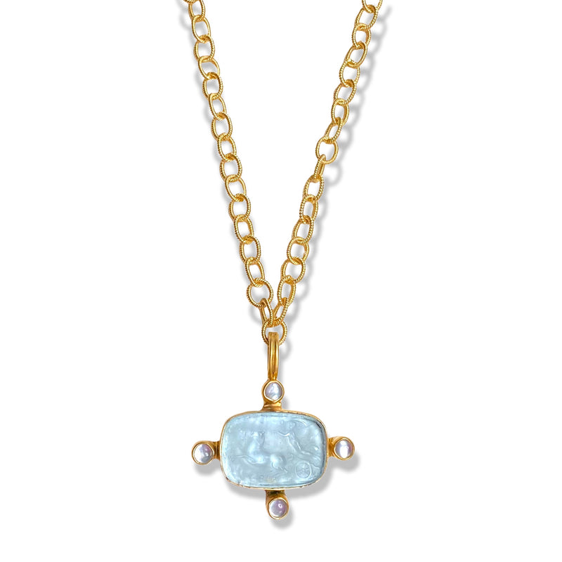 Aqua Pearl Chariot Intaglio Necklace