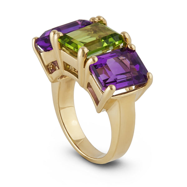 Bague En Argent Fin Avec Péridot 17x12 Mm Et Améthystes Latérales - Taille 56 - Neuf Avec Étiquettes