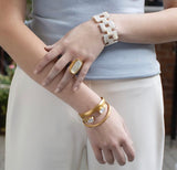Model wearing Carved Mother of Pearl Bracelet
