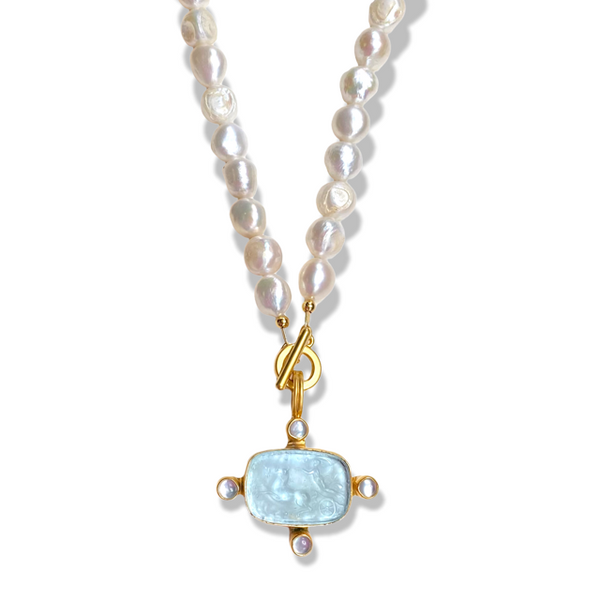 Aqua Pearl Chariot Intaglio Necklace