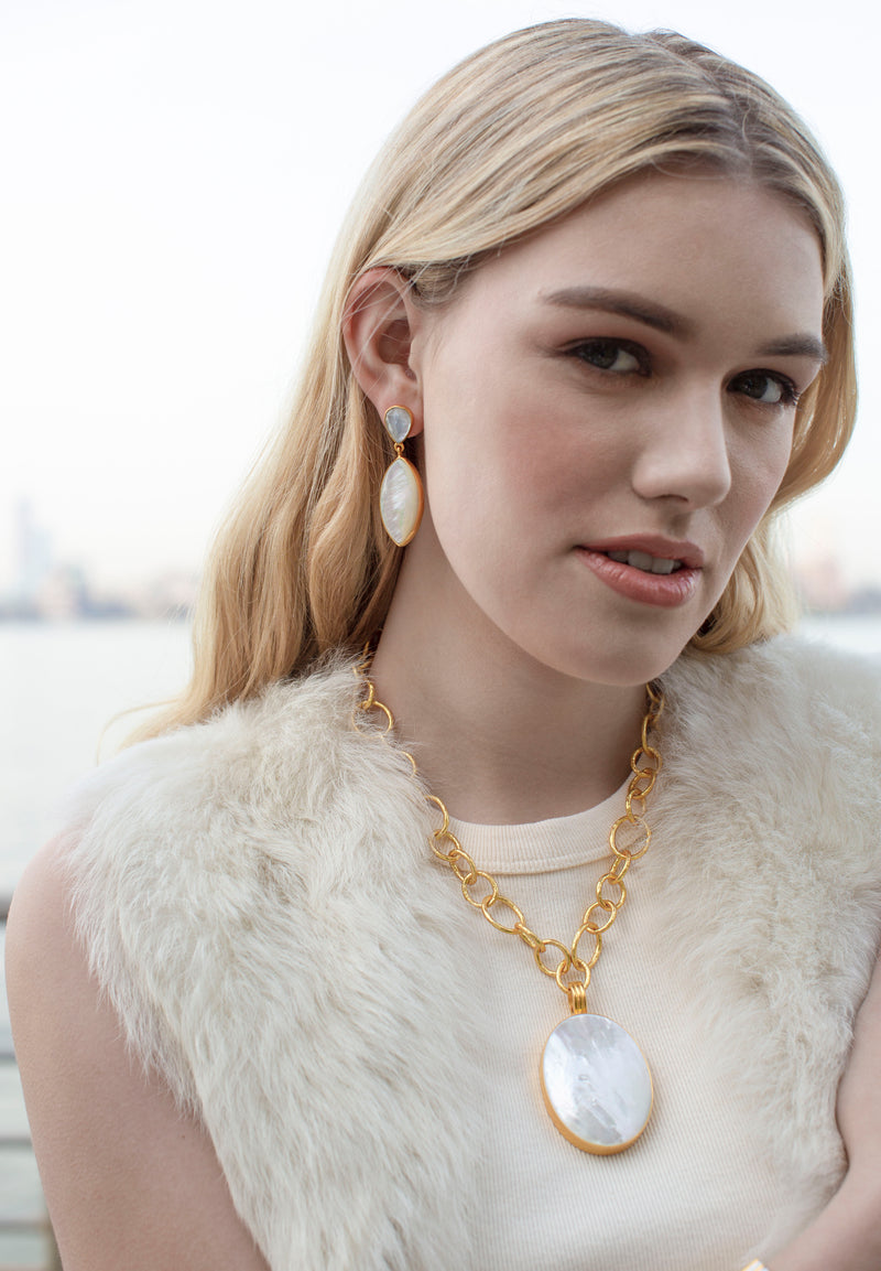 Model wearing Mother of Pearl Oval Pendant